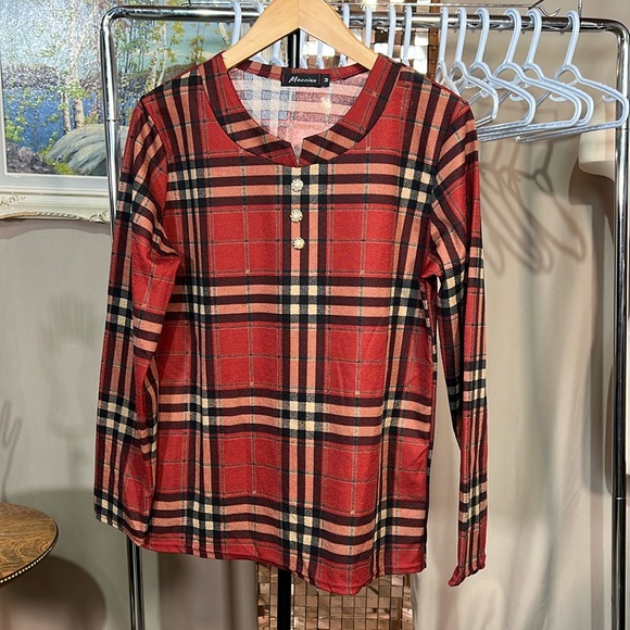 Retro Check Plaid Long Sleeve w Faux Sleeve Pearl Button Size Medium P2P 20-21” - Picture 1 of 10